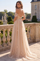 Laden Sie das Bild in den Galerie-Viewer, A-Linie Tüll Champagner Off-the-shoulder Korsett Langes Abschlussballkleid mit Applikationen