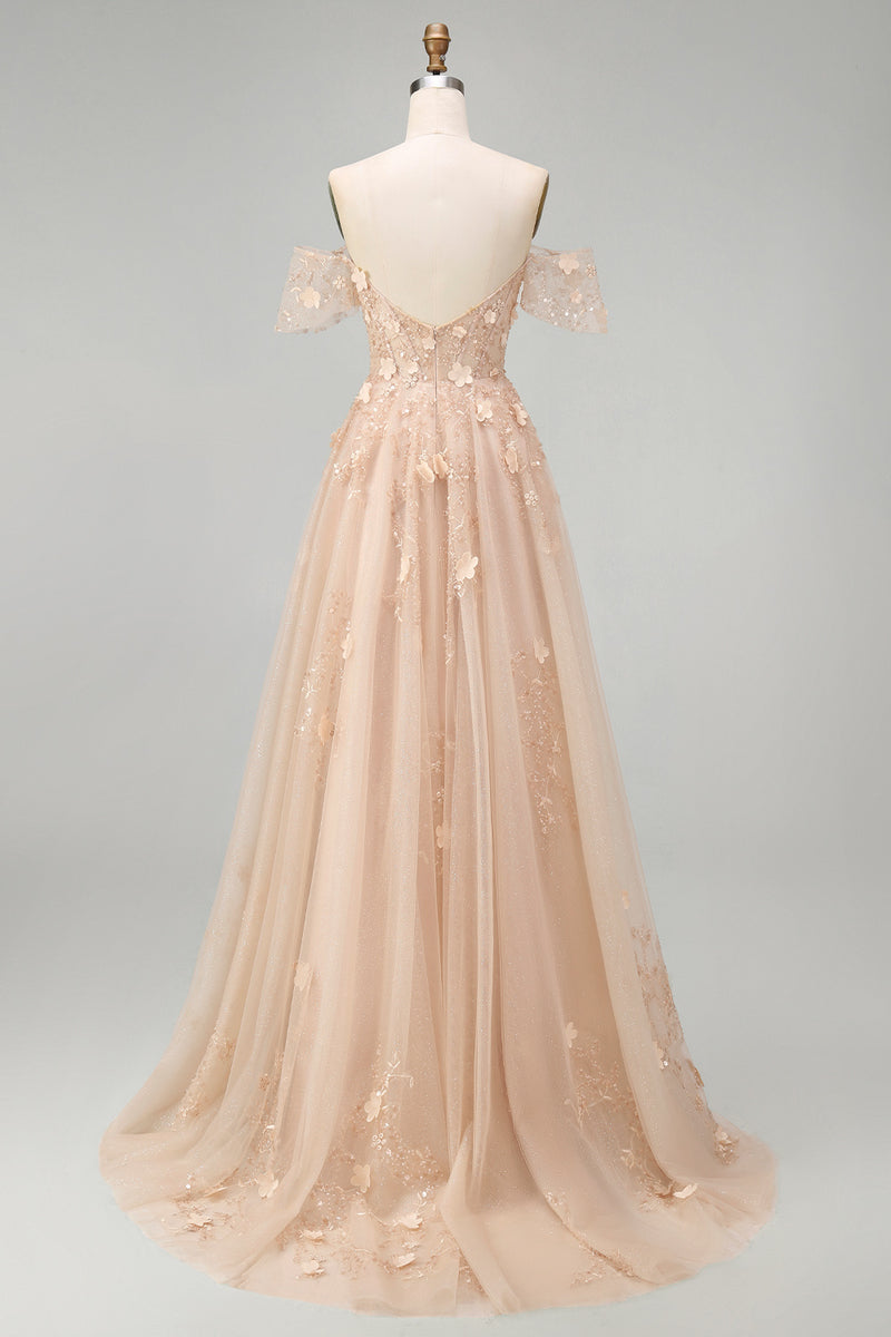 Laden Sie das Bild in den Galerie-Viewer, A-Linie Tüll Champagner Off-the-shoulder Korsett Langes Abschlussballkleid mit Applikationen