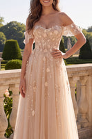 Laden Sie das Bild in den Galerie-Viewer, A-Linie Tüll Champagner Off-the-shoulder Korsett Langes Abschlussballkleid mit Applikationen