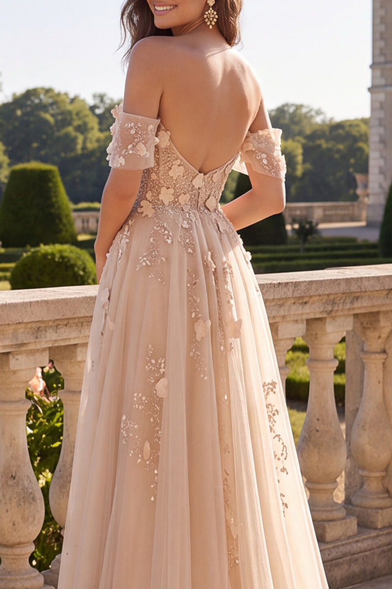 Laden Sie das Bild in den Galerie-Viewer, A-Linie Tüll Champagner Off-the-shoulder Korsett Langes Abschlussballkleid mit Applikationen