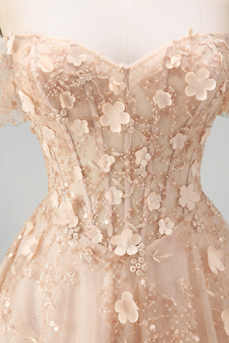 Laden Sie das Bild in den Galerie-Viewer, A-Linie Tüll Champagner Off-the-shoulder Korsett Langes Abschlussballkleid mit Applikationen
