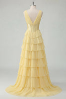 Laden Sie das Bild in den Galerie-Viewer, Buttergelbes Chiffon A-Line V-Ausschnitt-Korsett mit Stufen gerafftes Maxi-Kleid mit Schlitz
