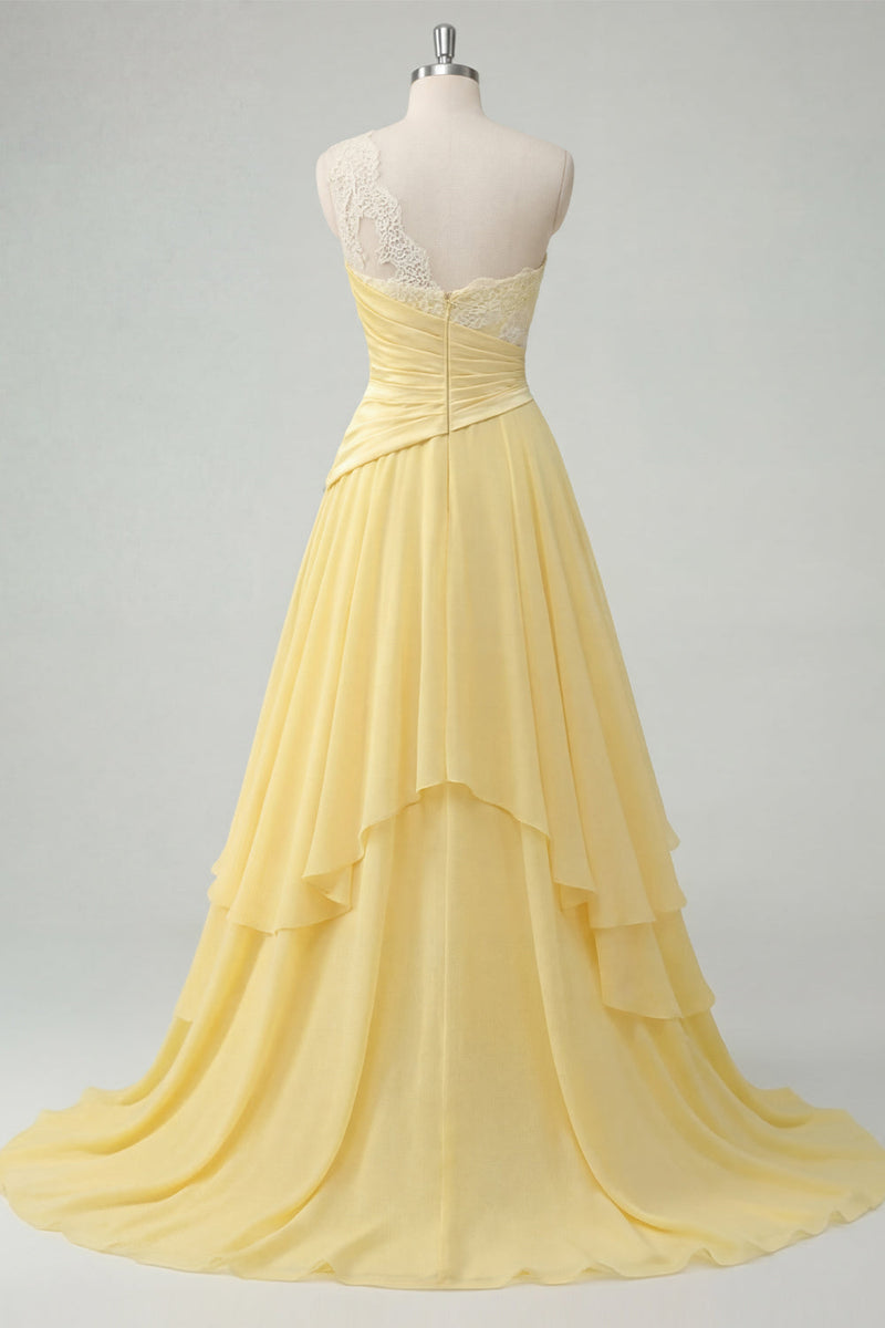 Laden Sie das Bild in den Galerie-Viewer, Chiffon Butter Gelb A-Linien einschulter-Maxikleid mit gerafftem Schnitt