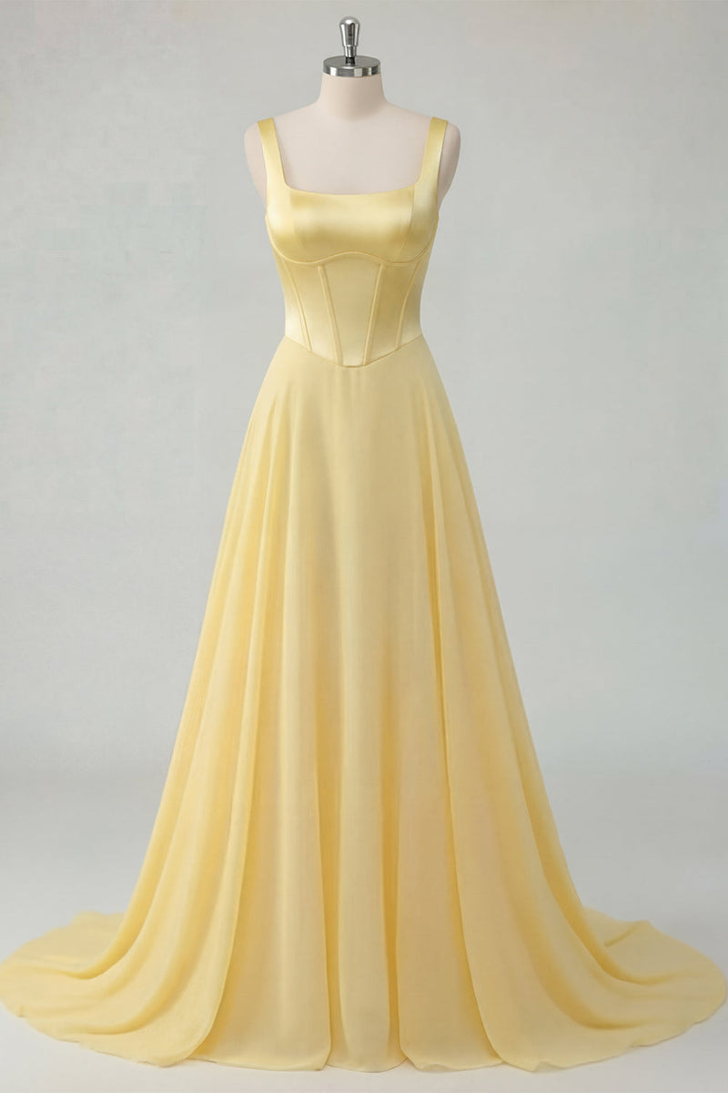Laden Sie das Bild in den Galerie-Viewer, A-Line Butter gelbes Chiffon-Korsett-Maxi-Kleid mit quadratem Ausschnitt