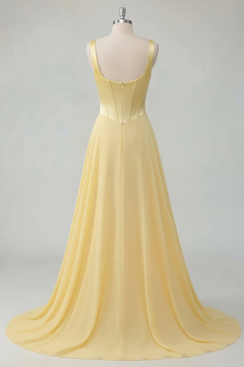 Laden Sie das Bild in den Galerie-Viewer, A-Line Butter gelbes Chiffon-Korsett-Maxi-Kleid mit quadratem Ausschnitt