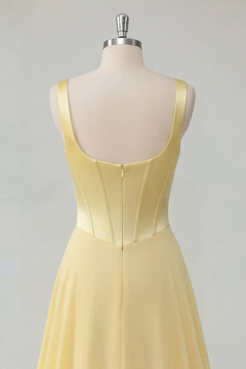 Laden Sie das Bild in den Galerie-Viewer, A-Line Butter gelbes Chiffon-Korsett-Maxi-Kleid mit quadratem Ausschnitt