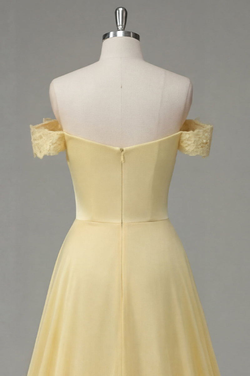 Laden Sie das Bild in den Galerie-Viewer, Buttergelbes A-Linien-Maxikleid mit gerafftem Off-the-shoulder und Schlitz