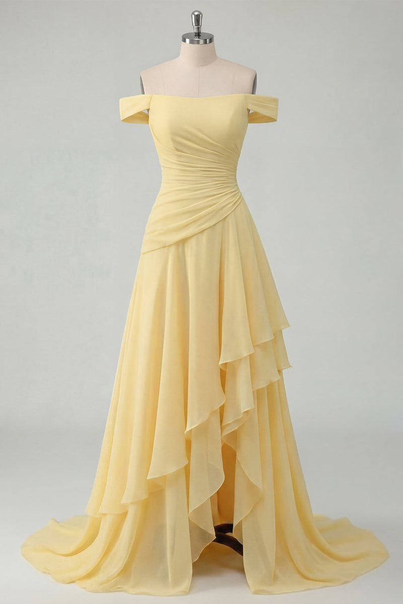 Laden Sie das Bild in den Galerie-Viewer, Off-the-shoulder Chiffon Butter Gelbes A-Linie gerafftes Maxikleid mit Schlitz