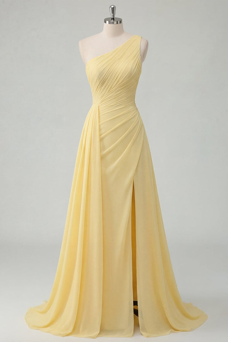 Laden Sie das Bild in den Galerie-Viewer, Buttergelbes A-Linien-einschulter-Chiffon gerafftes Maxikleid mit Schlitz