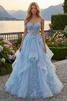 Laden Sie das Bild in den Galerie-Viewer, Blaues A-Line-Sweetheart-Korsett-Applikationskleid mit Langballkleid und Perlen