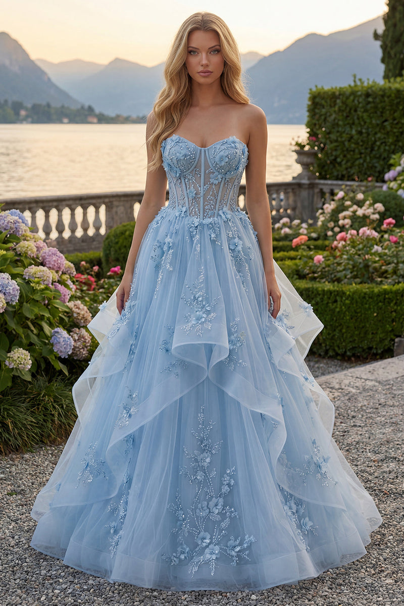 Laden Sie das Bild in den Galerie-Viewer, Blaues A-Line-Sweetheart-Korsett-Applikationskleid mit Langballkleid und Perlen