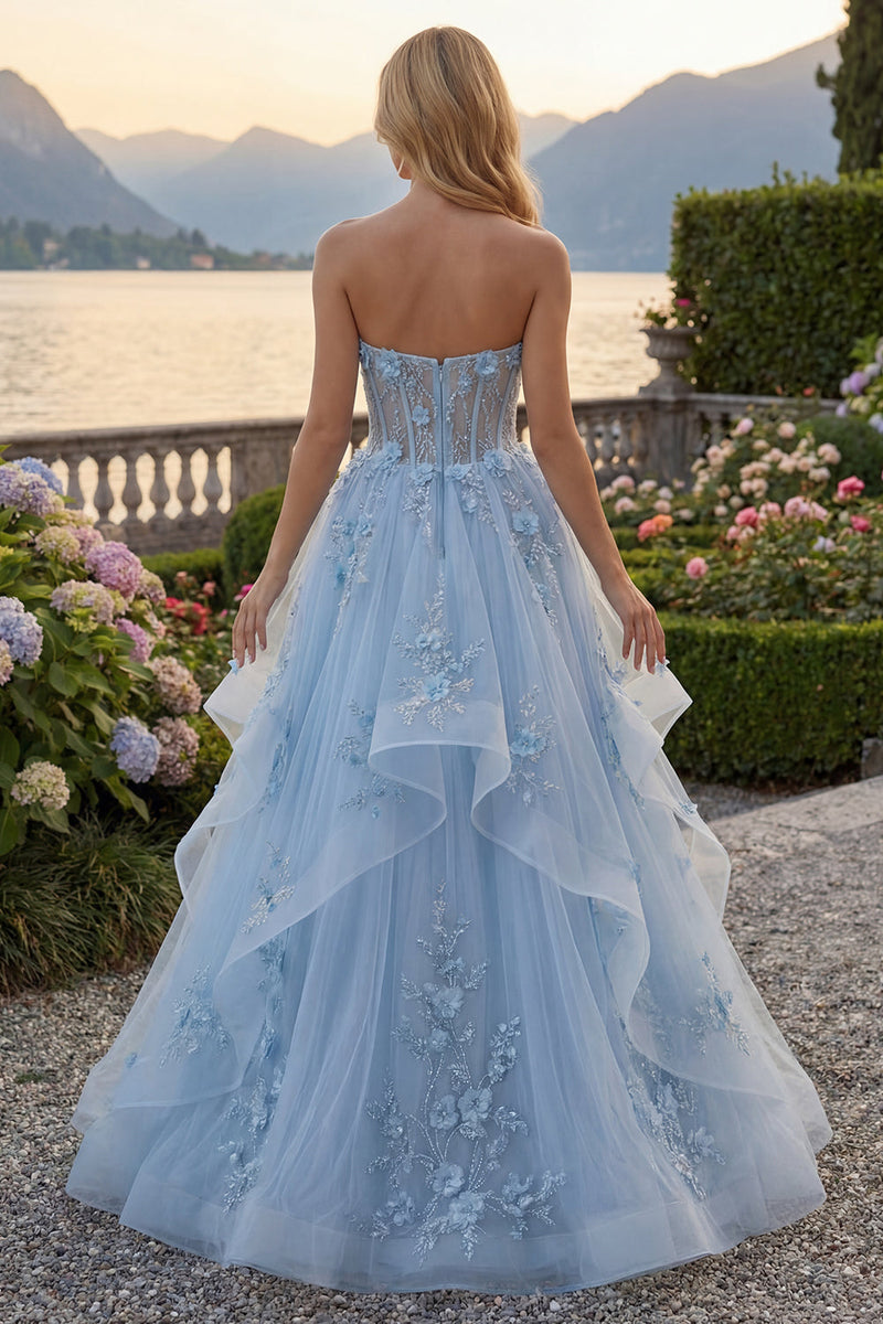 Laden Sie das Bild in den Galerie-Viewer, Blaues A-Line-Sweetheart-Korsett-Applikationskleid mit Langballkleid und Perlen