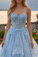 Laden Sie das Bild in den Galerie-Viewer, Blaues A-Line-Sweetheart-Korsett-Applikationskleid mit Langballkleid und Perlen