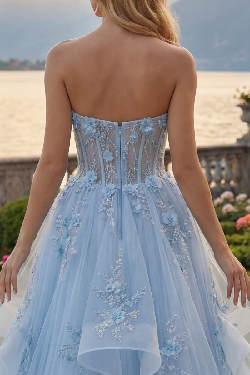 Laden Sie das Bild in den Galerie-Viewer, Blaues A-Line-Sweetheart-Korsett-Applikationskleid mit Langballkleid und Perlen
