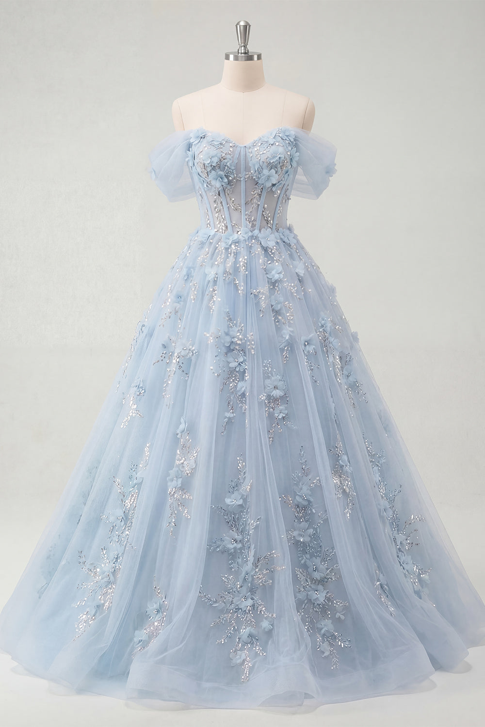 Blaues A-Linien-Off-the-shoulder-Korsett-Langballkleid mit Perlenmuster und 3D-Blumen
