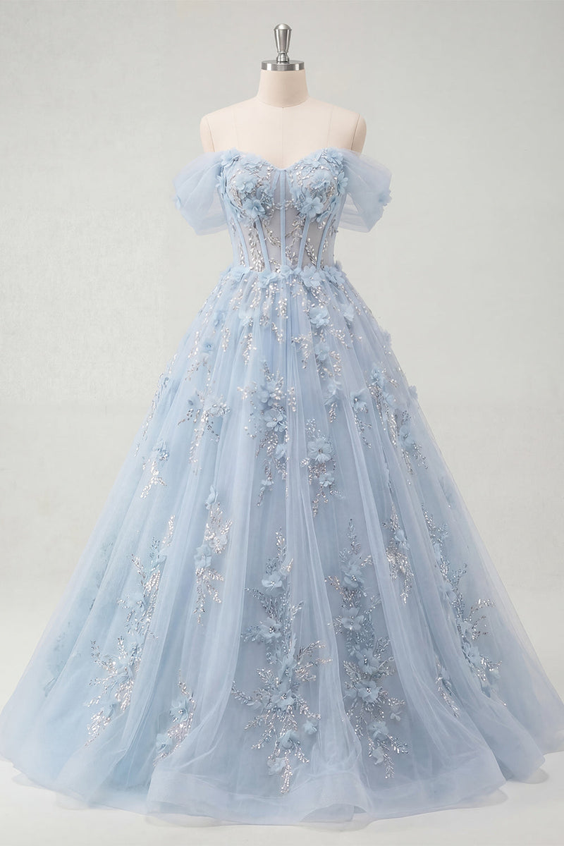 Laden Sie das Bild in den Galerie-Viewer, Blaues A-Linien-Off-the-shoulder-Korsett-Langballkleid mit Perlenmuster und 3D-Blumen
