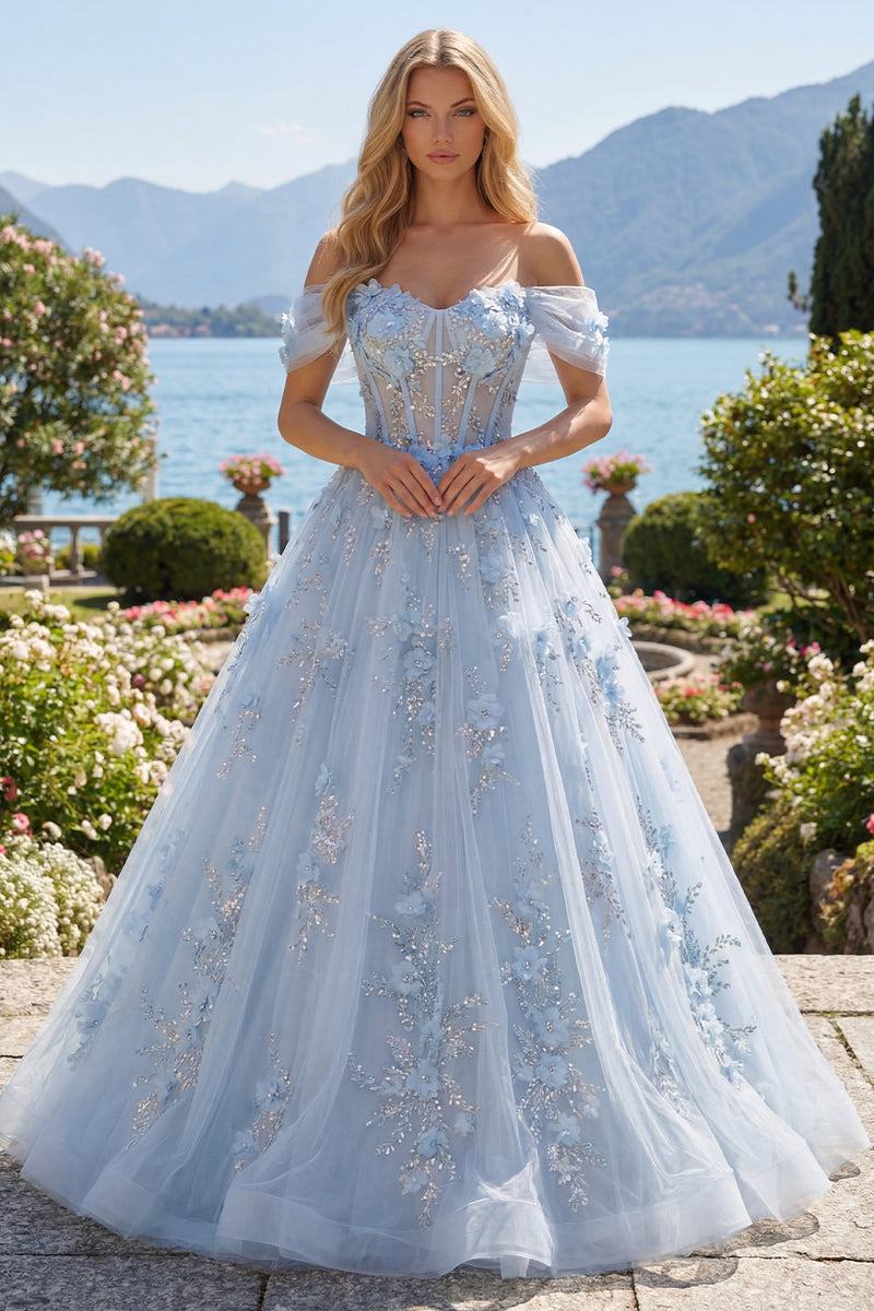 Laden Sie das Bild in den Galerie-Viewer, Blaues A-Linien-Off-the-shoulder-Korsett-Langballkleid mit Perlenmuster und 3D-Blumen
