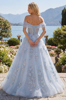 Laden Sie das Bild in den Galerie-Viewer, Blaues A-Linien-Off-the-shoulder-Korsett-Langballkleid mit Perlenmuster und 3D-Blumen