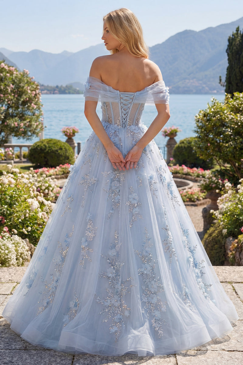 Laden Sie das Bild in den Galerie-Viewer, Blaues A-Linien-Off-the-shoulder-Korsett-Langballkleid mit Perlenmuster und 3D-Blumen