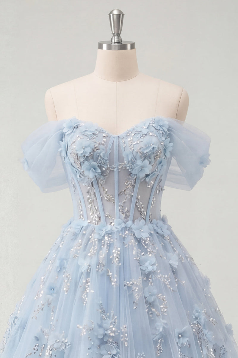 Laden Sie das Bild in den Galerie-Viewer, Blaues A-Linien-Off-the-shoulder-Korsett-Langballkleid mit Perlenmuster und 3D-Blumen