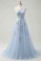 Laden Sie das Bild in den Galerie-Viewer, A-Linie langes Abschlussballkleid mit einer einen Schulter und blauem Korsett, appliziert