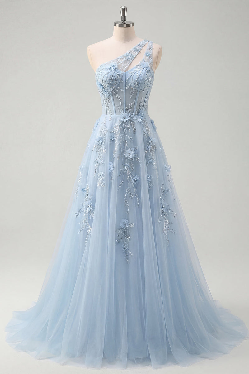 Laden Sie das Bild in den Galerie-Viewer, A-Linie langes Abschlussballkleid mit einer einen Schulter und blauem Korsett, appliziert