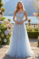 Laden Sie das Bild in den Galerie-Viewer, A-Linie langes Abschlussballkleid mit einer einen Schulter und blauem Korsett, appliziert