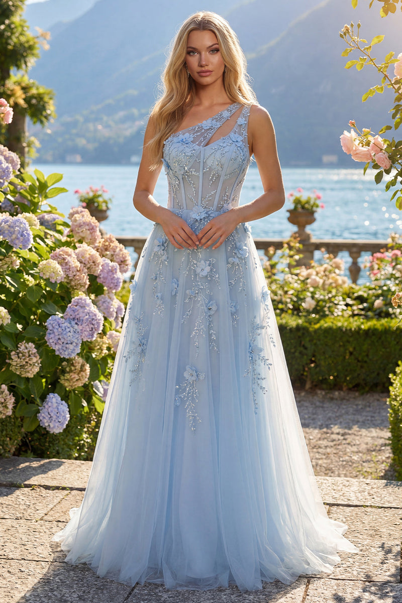 Laden Sie das Bild in den Galerie-Viewer, A-Linie langes Abschlussballkleid mit einer einen Schulter und blauem Korsett, appliziert