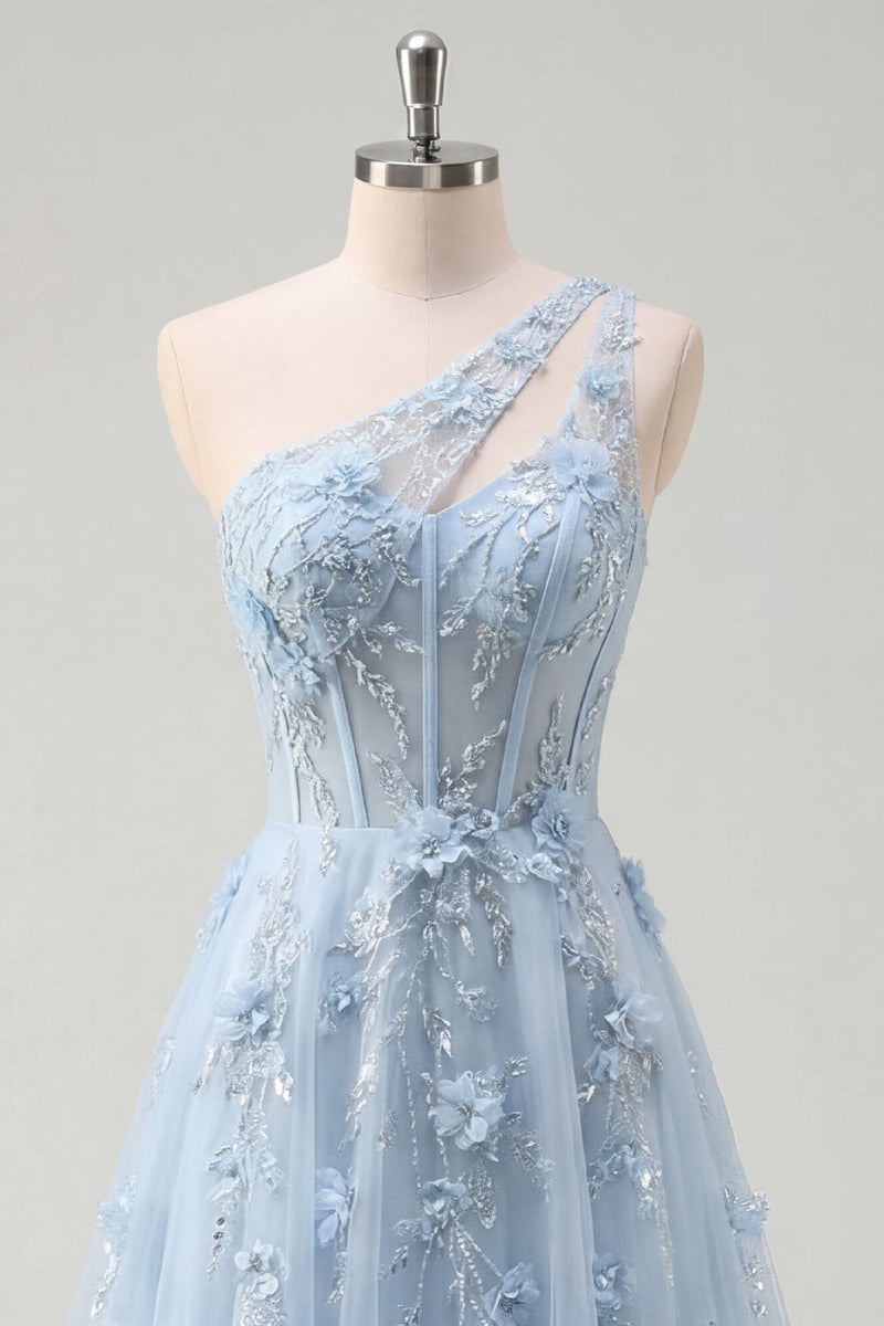 Laden Sie das Bild in den Galerie-Viewer, A-Linie langes Abschlussballkleid mit einer einen Schulter und blauem Korsett, appliziert