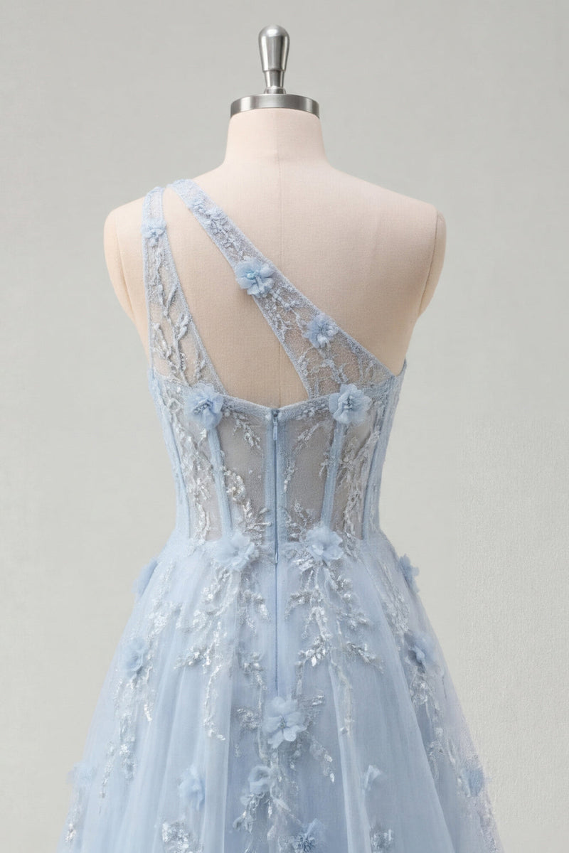 Laden Sie das Bild in den Galerie-Viewer, A-Linie langes Abschlussballkleid mit einer einen Schulter und blauem Korsett, appliziert