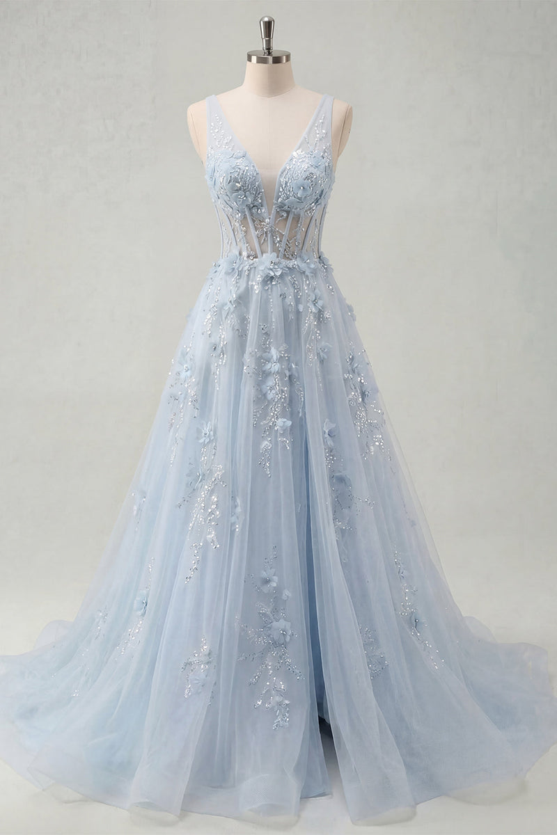 Laden Sie das Bild in den Galerie-Viewer, A-Linie langes Abschlussballkleid mit V-Ausschnitt mit Korsett-Applikation und Schlitz
