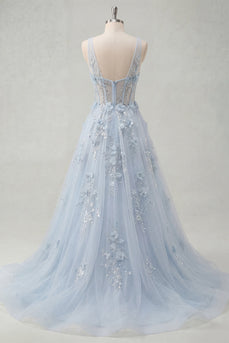 A-Linie langes Abschlussballkleid mit V-Ausschnitt mit Korsett-Applikation und Schlitz