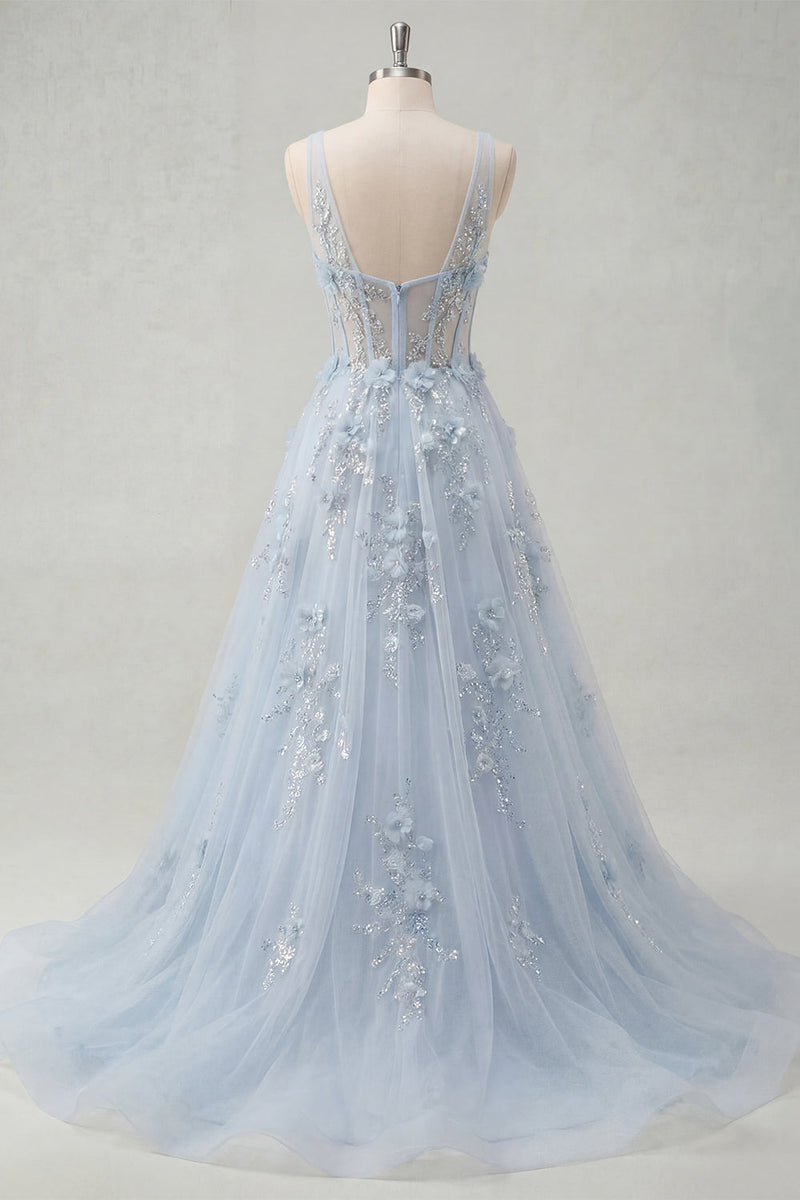 Laden Sie das Bild in den Galerie-Viewer, A-Linie langes Abschlussballkleid mit V-Ausschnitt mit Korsett-Applikation und Schlitz