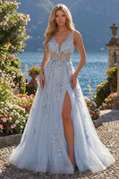Laden Sie das Bild in den Galerie-Viewer, A-Linie langes Abschlussballkleid mit V-Ausschnitt mit Korsett-Applikation und Schlitz