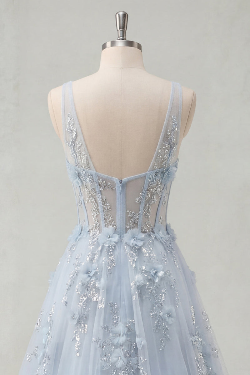 Laden Sie das Bild in den Galerie-Viewer, A-Linie langes Abschlussballkleid mit V-Ausschnitt mit Korsett-Applikation und Schlitz