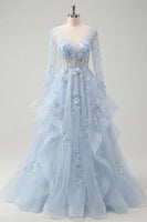 Laden Sie das Bild in den Galerie-Viewer, Blaues A-Line-Langarm-Korsett-Ballkleid mit Perlen und appliquierten 3D-Blumen