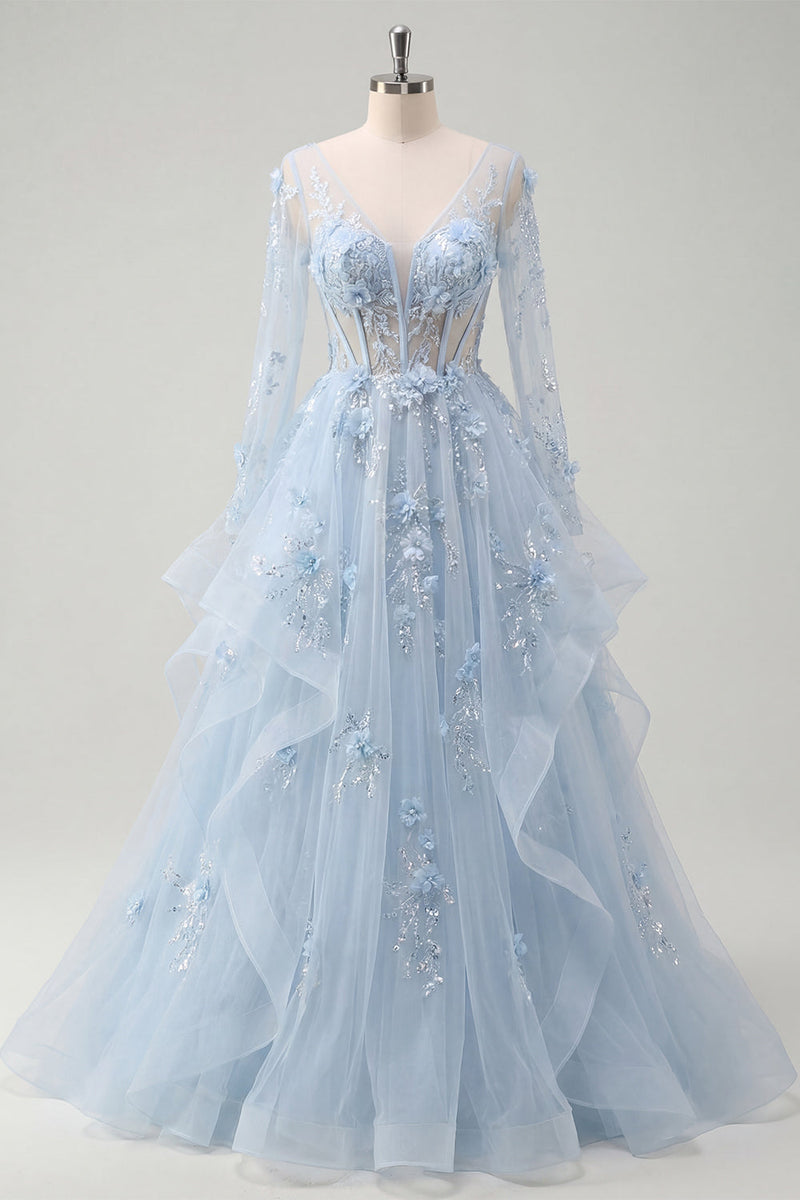 Laden Sie das Bild in den Galerie-Viewer, Blaues A-Line-Langarm-Korsett-Ballkleid mit Perlen und appliquierten 3D-Blumen