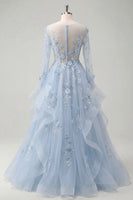 Laden Sie das Bild in den Galerie-Viewer, Blaues A-Line-Langarm-Korsett-Ballkleid mit Perlen und appliquierten 3D-Blumen