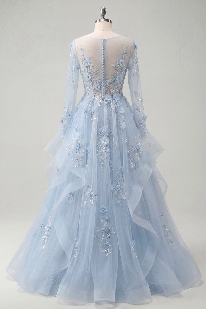 Laden Sie das Bild in den Galerie-Viewer, Blaues A-Line-Langarm-Korsett-Ballkleid mit Perlen und appliquierten 3D-Blumen