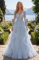 Laden Sie das Bild in den Galerie-Viewer, Blaues A-Line-Langarm-Korsett-Ballkleid mit Perlen und appliquierten 3D-Blumen