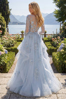 Laden Sie das Bild in den Galerie-Viewer, Blaues A-Line-Langarm-Korsett-Ballkleid mit Perlen und appliquierten 3D-Blumen