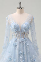 Laden Sie das Bild in den Galerie-Viewer, Blaues A-Line-Langarm-Korsett-Ballkleid mit Perlen und appliquierten 3D-Blumen
