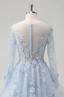 Laden Sie das Bild in den Galerie-Viewer, Blaues A-Line-Langarm-Korsett-Ballkleid mit Perlen und appliquierten 3D-Blumen