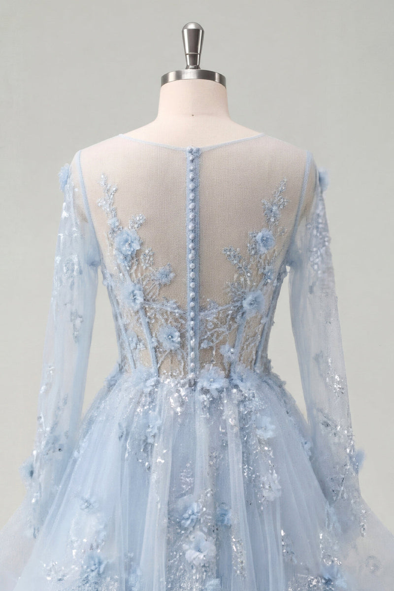 Laden Sie das Bild in den Galerie-Viewer, Blaues A-Line-Langarm-Korsett-Ballkleid mit Perlen und appliquierten 3D-Blumen