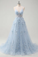 Laden Sie das Bild in den Galerie-Viewer, A-Line blaue Spaghettiträger mit perlenbesetztem transparentem Korsett, langes Abschlussballkleid mit Applikationen