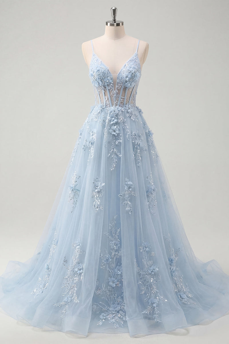 Laden Sie das Bild in den Galerie-Viewer, A-Line blaue Spaghettiträger mit perlenbesetztem transparentem Korsett, langes Abschlussballkleid mit Applikationen