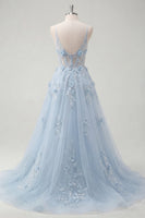 Laden Sie das Bild in den Galerie-Viewer, A-Line blaue Spaghettiträger mit perlenbesetztem transparentem Korsett, langes Abschlussballkleid mit Applikationen
