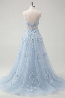 A-Line blaue Spaghettiträger mit perlenbesetztem transparentem Korsett, langes Abschlussballkleid mit Applikationen