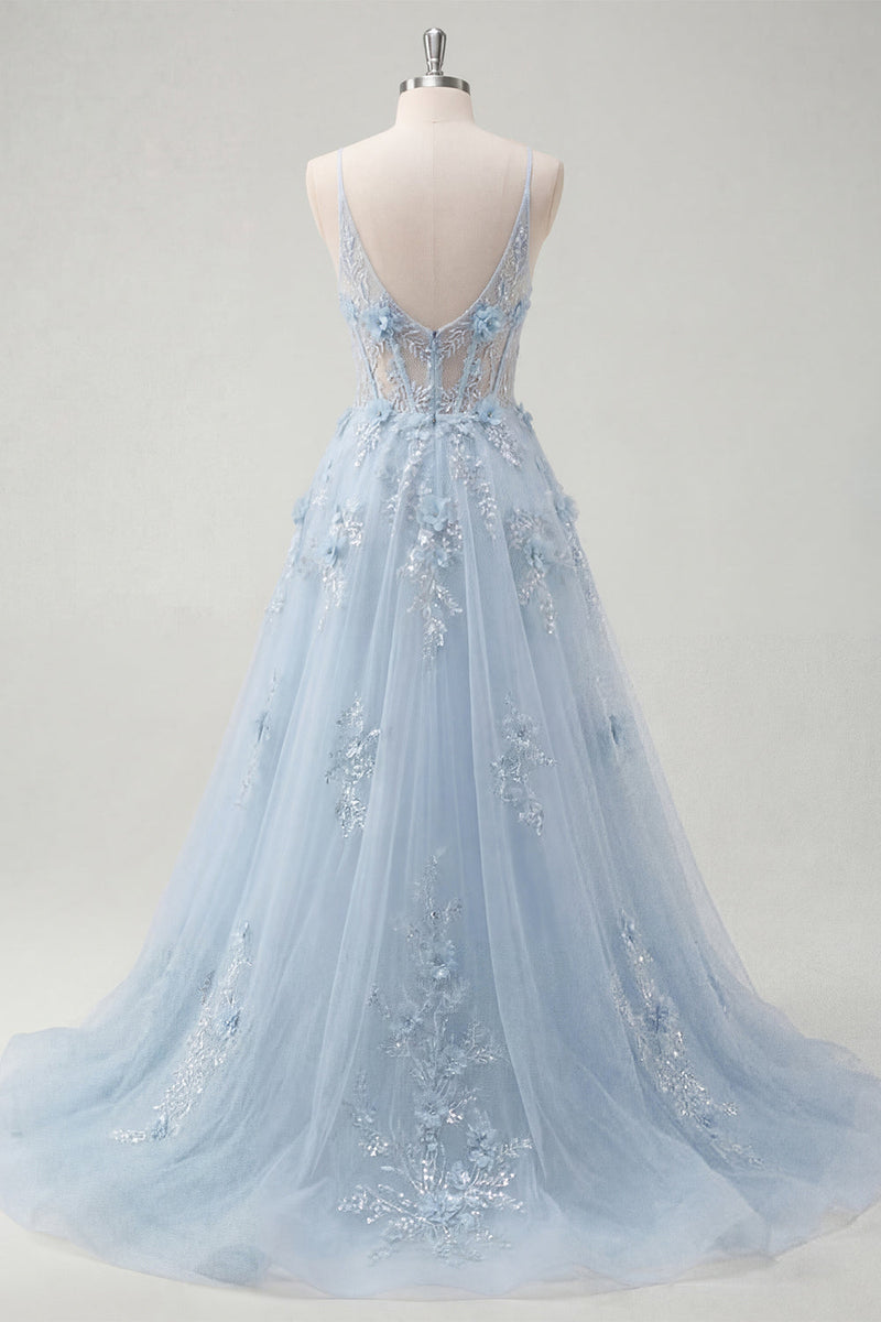 Laden Sie das Bild in den Galerie-Viewer, A-Line blaue Spaghettiträger mit perlenbesetztem transparentem Korsett, langes Abschlussballkleid mit Applikationen