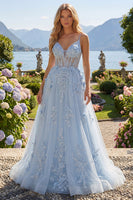 Laden Sie das Bild in den Galerie-Viewer, A-Line blaue Spaghettiträger mit perlenbesetztem transparentem Korsett, langes Abschlussballkleid mit Applikationen